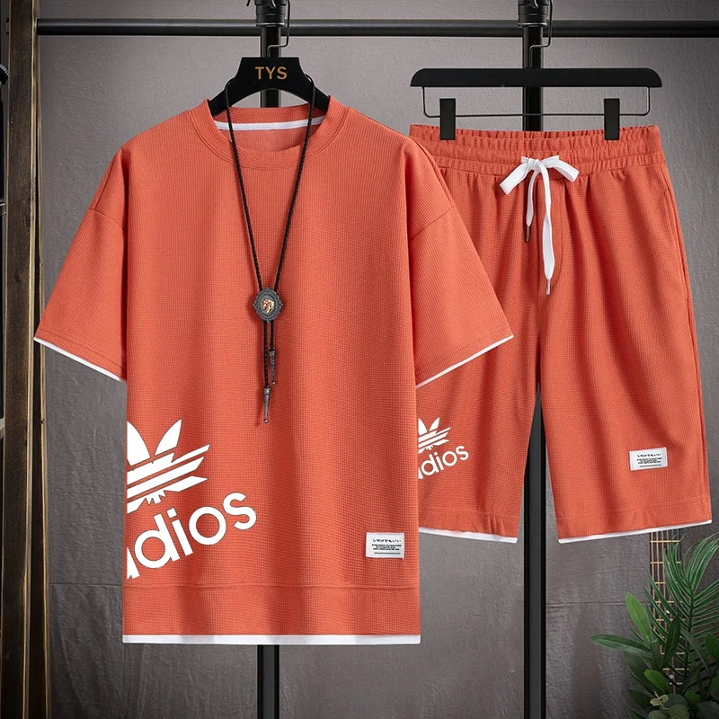 Summer new men's tops, sports shorts, waffle fabric, cool, breathable and sweat-absorbing, casual and fashionable Korean jogging