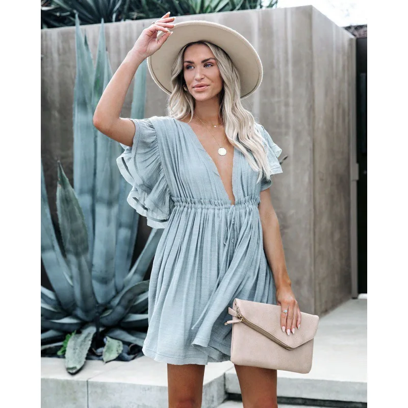 

2022 Summer The New Fashion Bamboo Cotton Single - Breasted Belt Beach Sunblock Smock Sexy Children Dress