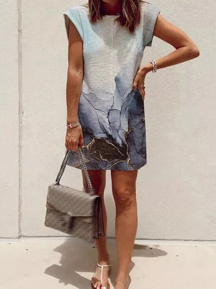 

New Fashion Marble Print Straight Office Dress Women Spring O Neck Slim Fit Party Dress Summer Sleeveless Tank Female Mini Dress