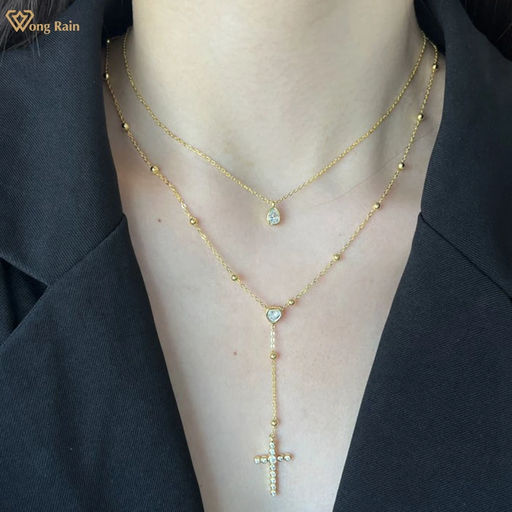 

Wong Rain Fashion, Стерлинговое Серебро 925 пробы, крест, созданный, моиссанит, драгоценный камень, Женский двойной слой, подвеска, ожерелье, хорошее ю...