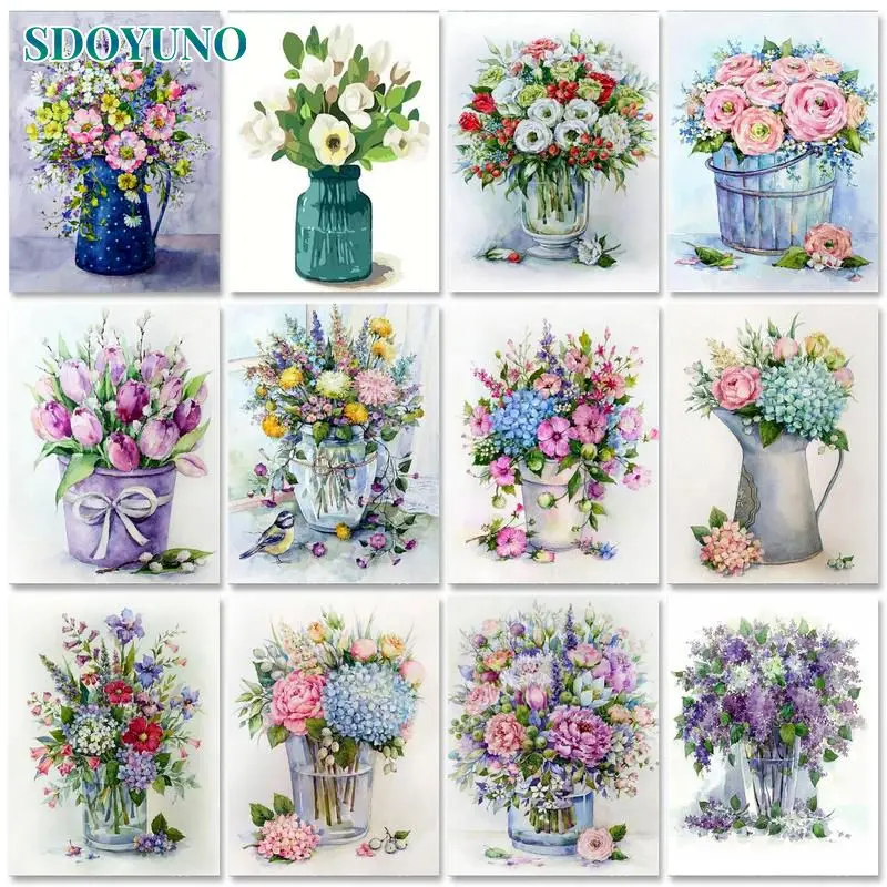 

SDOYUNO DIY Oil Painting By Numbers Flowers Picture Paint By Number Hand Painted Kits Vase Unique Gift 60x75cm Frame