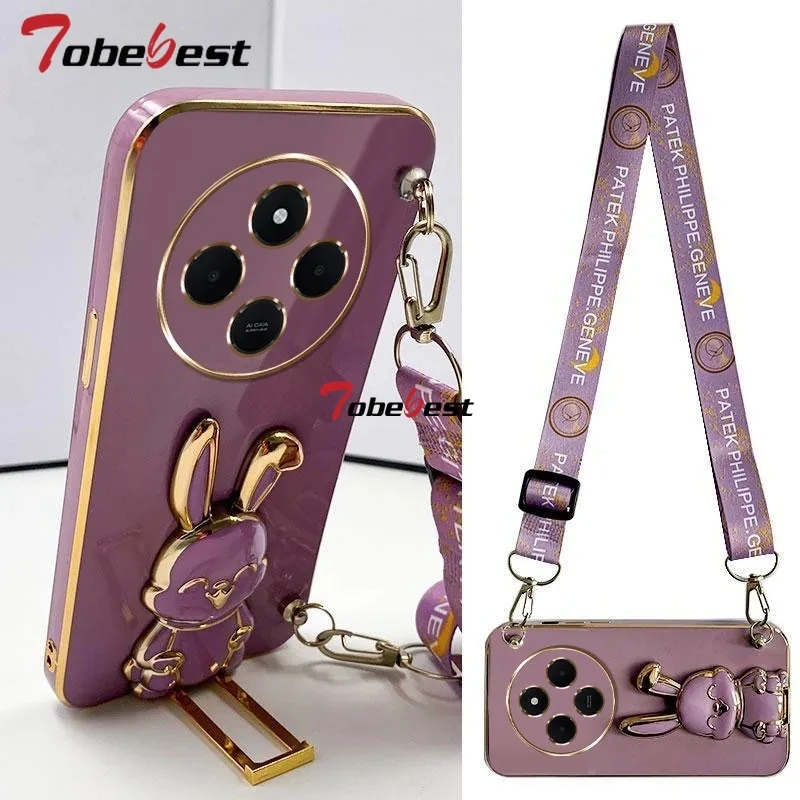 Чехол с ремешком через плечо и кронштейном в виде кролика для Xiaomi Redmi 14 Pro 14C 5G
