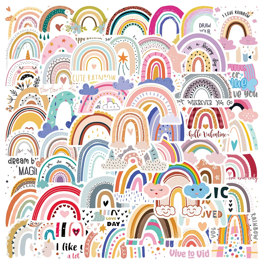 

60PCS Cartoon Rainbow Sticky Graffiti Sticker Aesthetic PVC Decorative Sketchbook Scrapbook Stationery Accessories for Kids