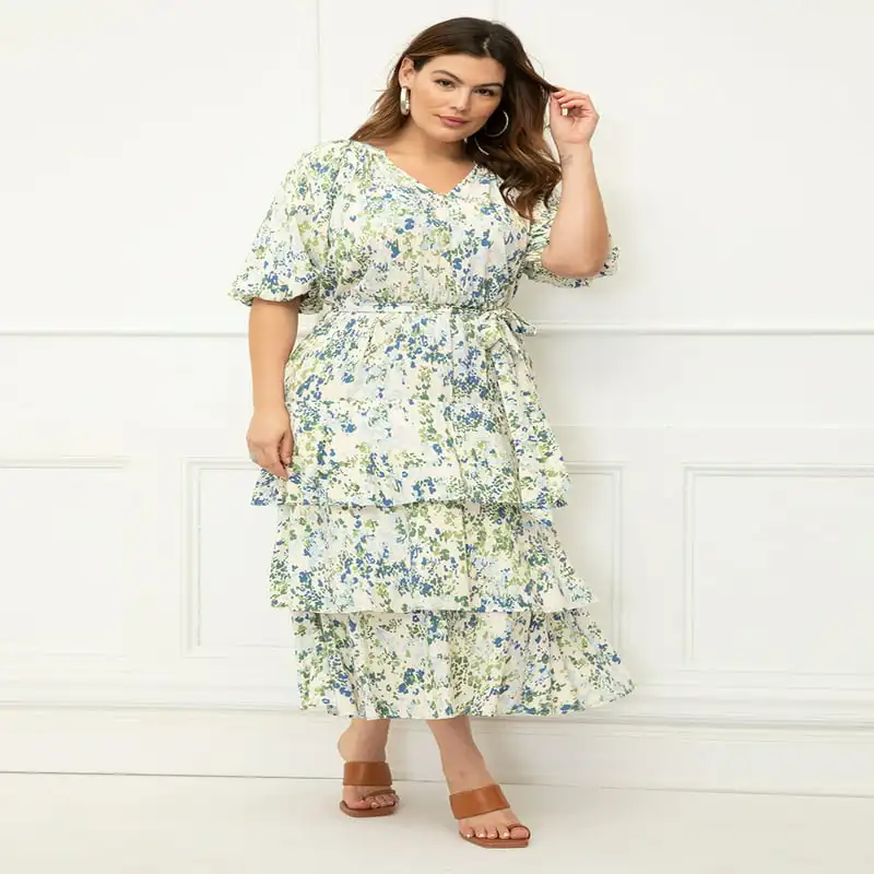 

Women`s Plus Size Tiered Midi Dress With Tie