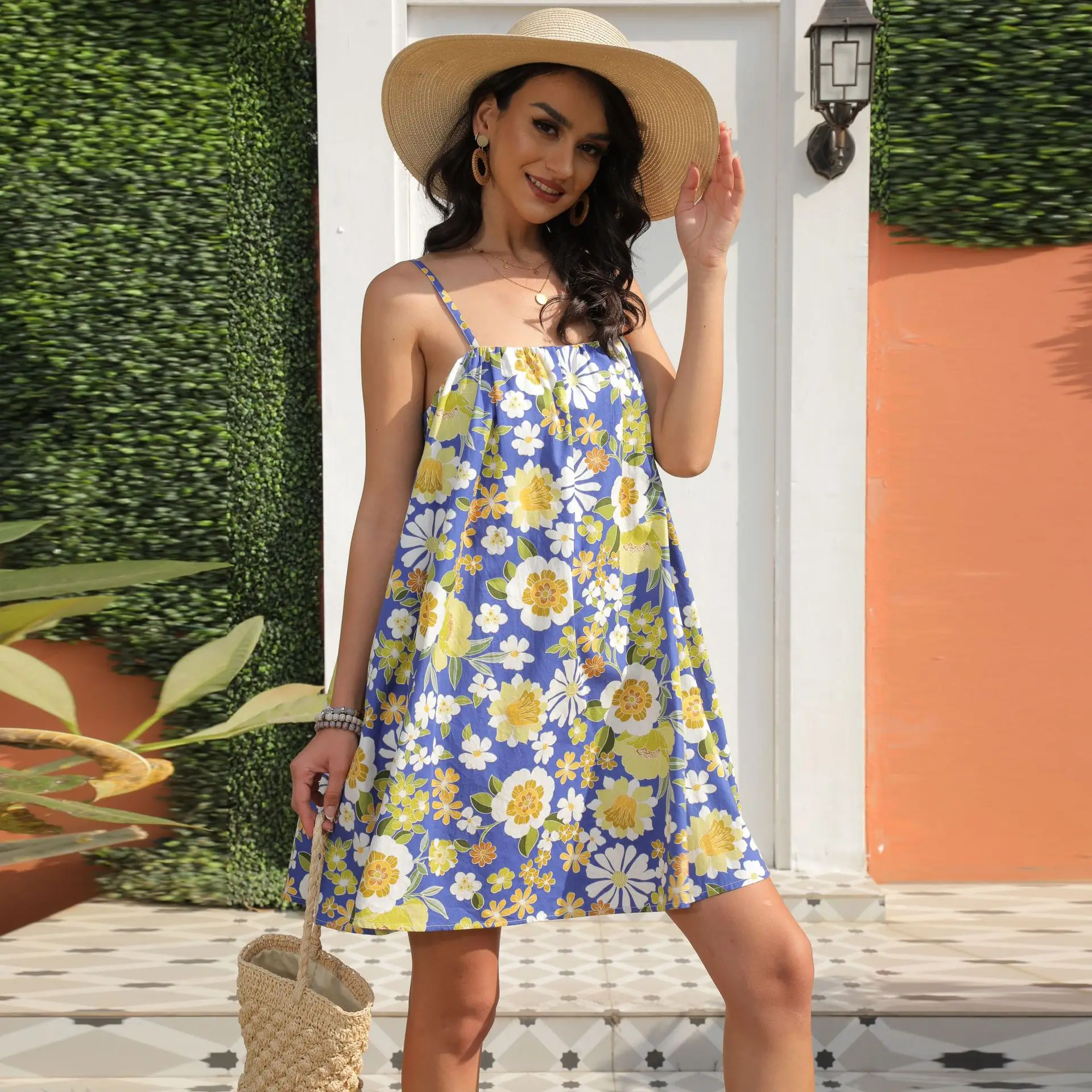 

2022 Spring Summer New Women's Clothing Sexy Sleeveless Strap Dress Loose Women Sleeveless Slash Neck Mini Dress Floral Flower