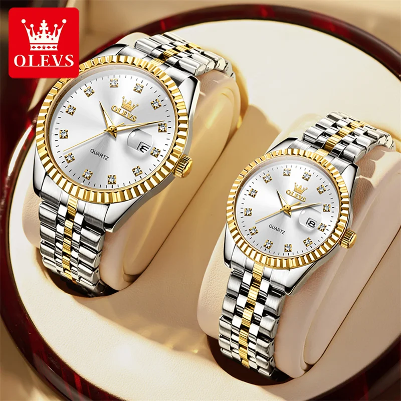 OLEVS Rhinestones Watch Sets For Men And Women Luxury Brand Waterproof Male Female Wristwatches Couple Items For Lovers Reloj
