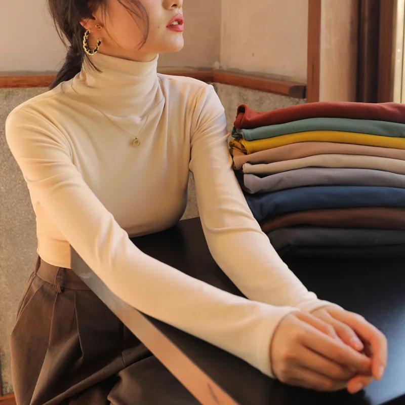 Solid-color velvet pile turtleneck bottoming shirt for women, padded long-sleeved bottoming shirt with velvet in autumn