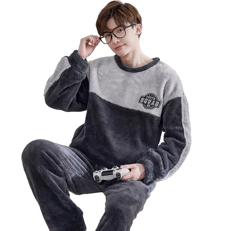 QUHENG Flannel Pijama Men Thick Pajama Male Warm Thick Long Sleeve Sleepwear Casual Autumn Winter Pyjamas Men Coral Fleece Suit