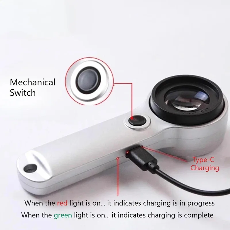 Фото Увеличительное стекло HD 60X с УФ-светом и LED-подсветкой - перезаряжаемое, для ювелирных изделий, антиквариата, чтения, ремонта электроники, для пожилых людей №4