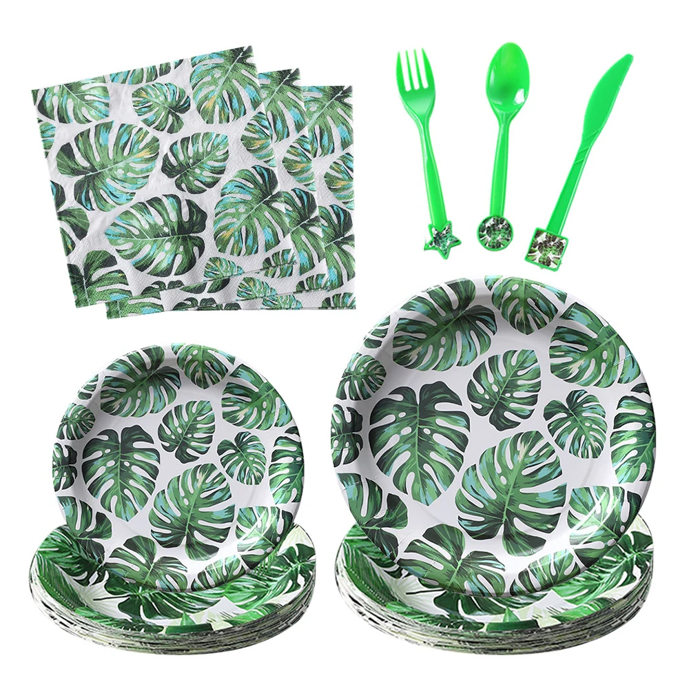 

Tropical Palm Leaves Paper Plate Napkin Cup Banner Summer Jungle Theme Party Disposable Tableware Set Hawaiian Party Supplies
