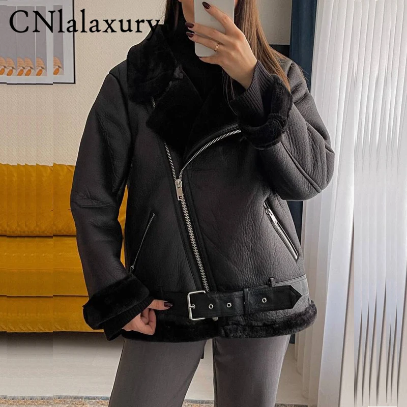 CNlalaxury 2023 Winter Women Sheepskin Coat Streewear Thick Warm Faux Lamb Leather Jacket With Belt Oversized Motorcycle Outwear