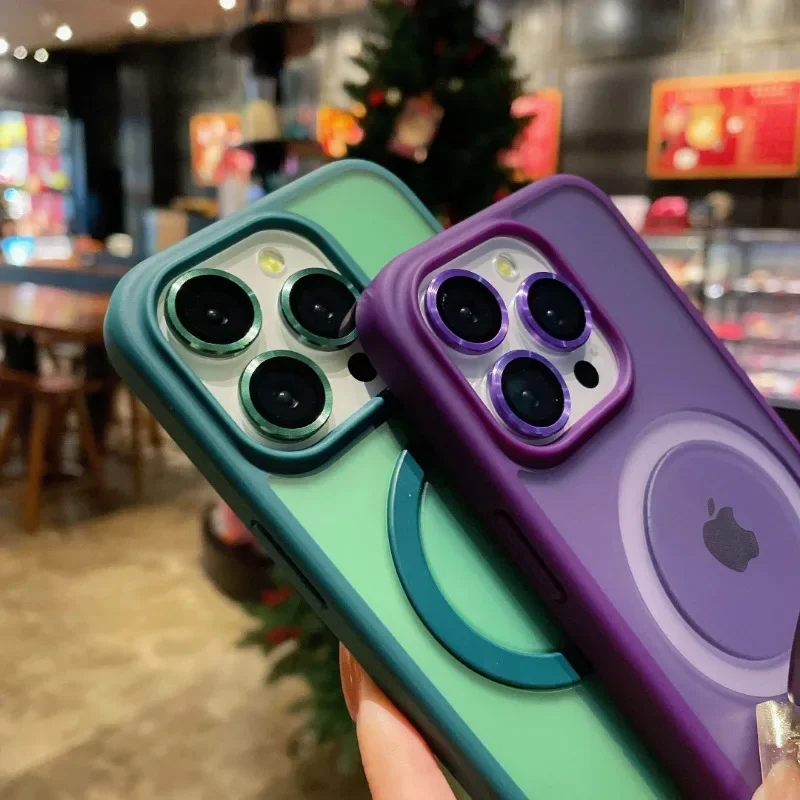 Роскошный кольцевой матовый чехол Magsafe для iPhone 16 15 14 Plus 13 12 11 Pro Max с защитной