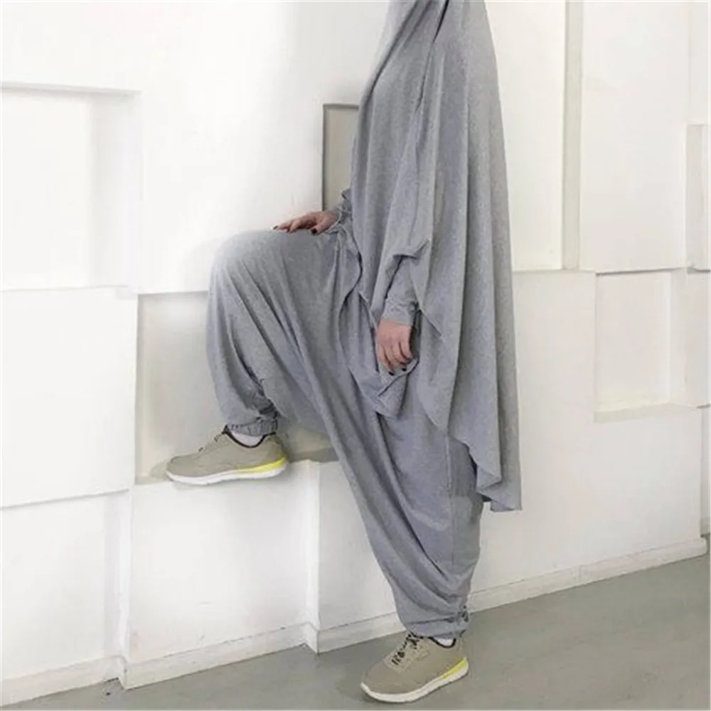 Muslimah Women Clothes Suits Niqab Abaya+Harem Pants 2pcs Robe Sets Full Cover Islamic Ladies Hijab Prayer Dress Free Size