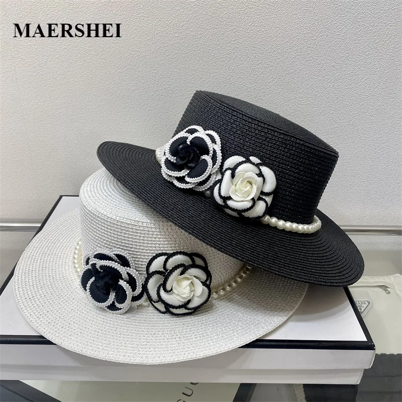 

Women Hat Pearl Flat Top Straw Hat Flower Fashion Sun Hat Summer Elegant Ladies Bonnet Wide Brim Beach Hat Chapeu Feminino