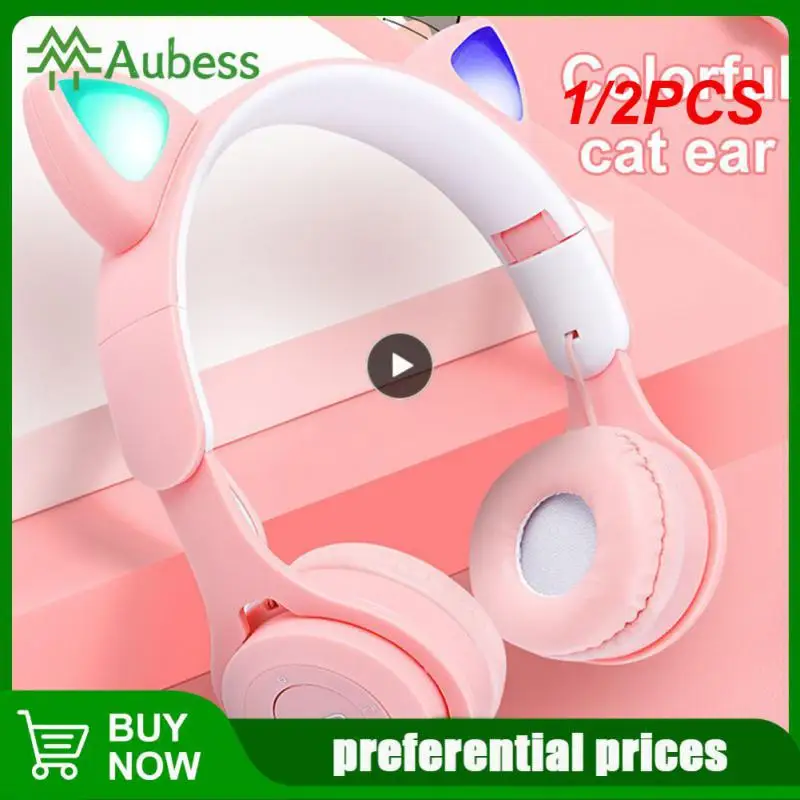 

Светящиеся наушники, гарнитура, беспроводная гарнитура с кошачьими ушками, модная Милая Музыкальная гарнитура для компьютера с микрофоном, 1/2 шт.