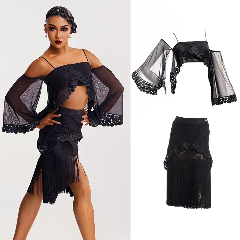 Женский костюм для латиноамериканских танцев Smaba Rumba, танцевальная одежда, черный сетчатый топ с рукавами, юбка с бахромой, одежда для выступлений на сцене, 8941