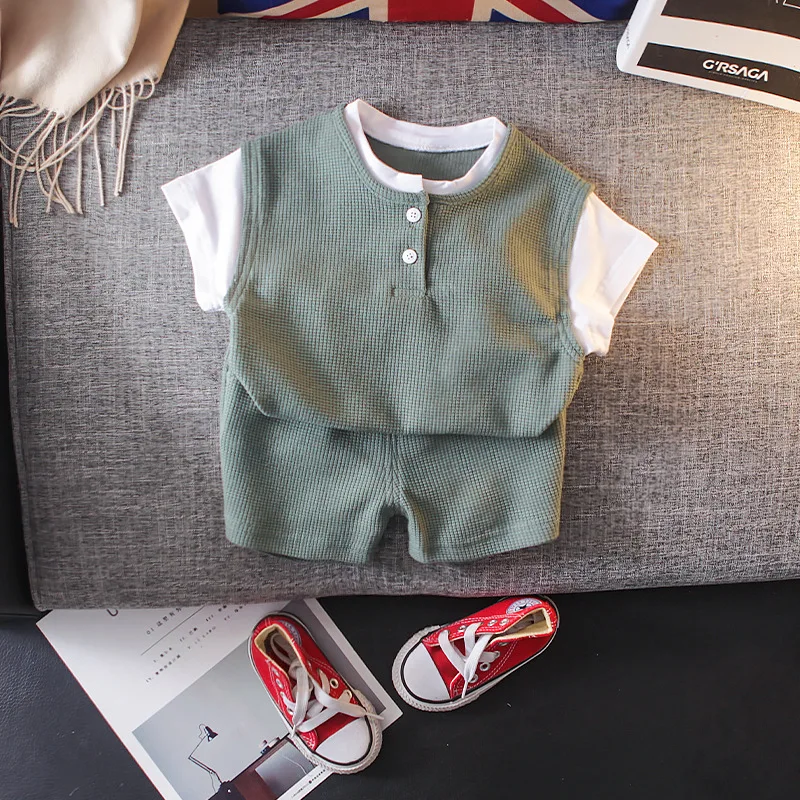 

2022 Baby Boys Clothes Set Casual Summer Outfits Kids Fashion Solid Toddler Girls Patchwork T-shirt + Shorts Infant 2Pcs Suits