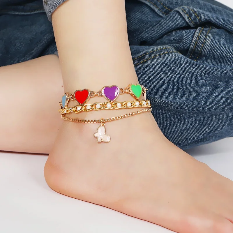 

Bohemia Gold Color Anklet For Women Colorful Heart Butterfly Pendant Barefoot Chain Anklets Bracelet Jewelry Beach Accessories