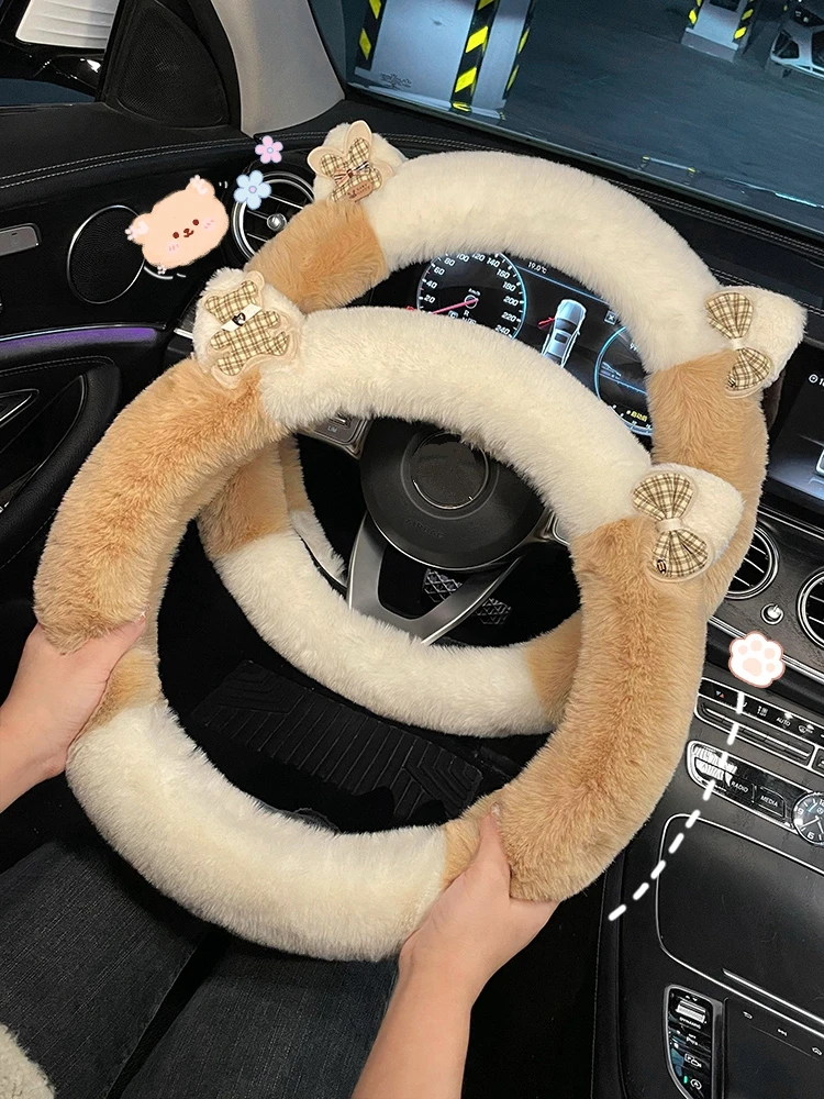 

High-end Winter Plush Women Universal Round Cartoon Ear Cute Car Steering Wheel Cover Handle Cover