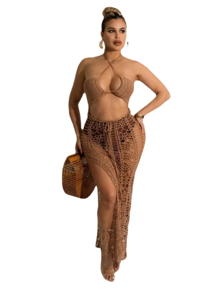 

Crochet Dress Cover Up Women Bandage Halter Backless Robe Summer New Fashion Solid Knitted Hollow Beach Sexy Maxi Dress Cover Up