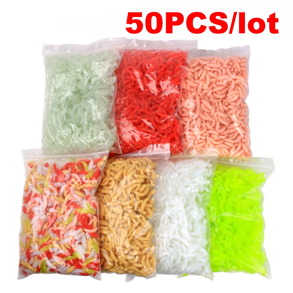 

50Pcs Maggot Grub Worm Soft Bait Fishing Lure Hooks Smell Worms Glow Shrimps Fish Lures for Trout Perch