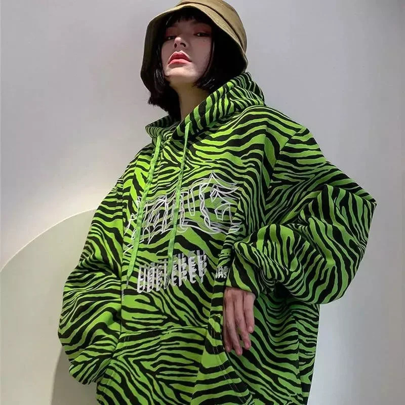 

Streetwear Loose Pullovers Woman Zebra Print Hoodies Neon Green Oversized Harajuku Korean Student fashion Coat Ladies Sweatshirt