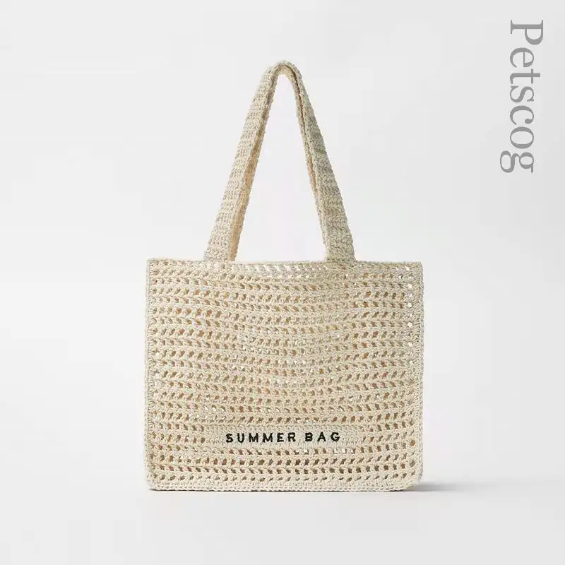 

Petscog Summer Beach Tote Bags For Women 2022 Letter Embroidered Hollow Woven Handbag Bohemian Straw Bag Shopper Shoulder Bag