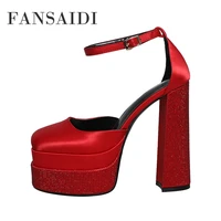 fansaidi summer pumps fashion womens shoes red purple new elegant chunky heels waterproof sexy block heels 41 42 43