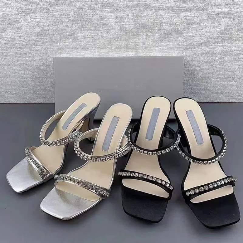 

Женские летние тапочки, новинка 2023, Модные женские сандалии с открытым носком на высоком каблуке, женские сандалии с квадратным носком, большие размеры