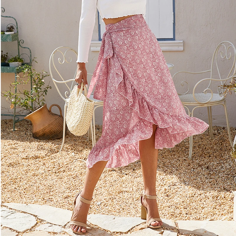 

Ladies Vintage Floral Print Long Summer Skirt Women High Waist Knotted Tied Wrap Ruffle Chiffon A Line Skirts Female Clothes
