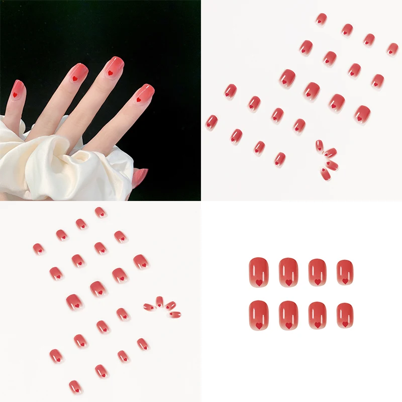 

Fake Nails 24pcs/set Japanese Style Pink Peach Heart Pattern Full Coverage Diy Decorative Design Nail Supplies For Professionals