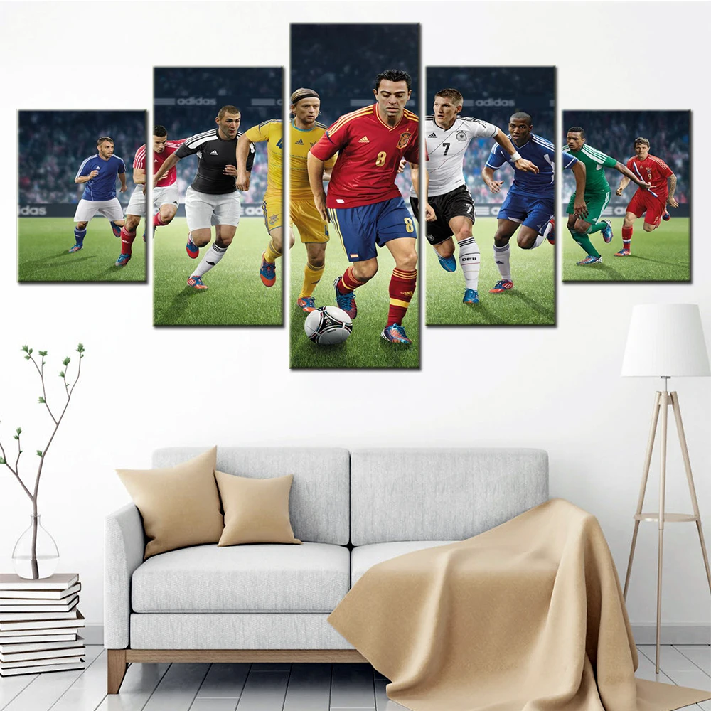 

Picture Wall Art Canvas Painting 5 Piece Modern Painting Football Players Are Trying To Hit A Ball HD Football Poster Home Decor