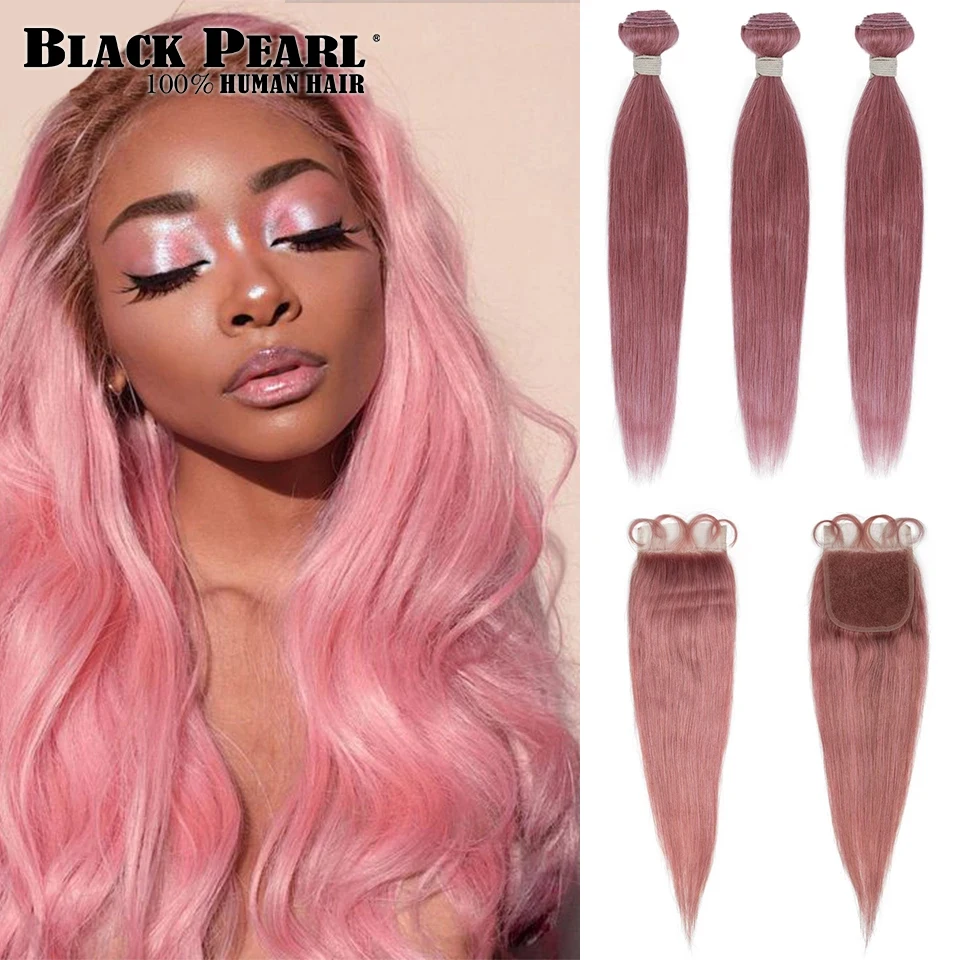Black Pearl Bundles With Closure Straight Pink Blonde Human Hair Bundles With Closure 3 Remy Brazilian Hair Weave Bundles