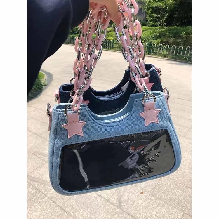 Y2K Vintage Korean Fashion Shoulder Underarm Harajuku Star Tote Denim Bag Chain Ladies Bags Zip Purses Bagutte Handbags Women