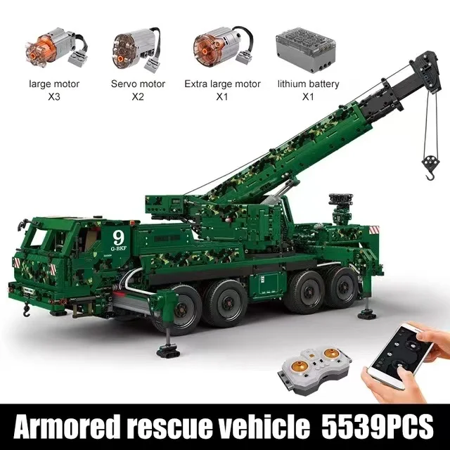 

MOULD KING Armored Recovery Crane G-BKF Motor Power Mobile Crane Military mecha Truck Model Building Blocks Bricks Kids DIY Toys