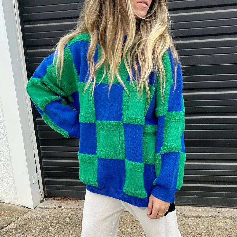

Women Elegant O-neck Knitted Sweater 2022 Autumn Casual Long Sleeve Loose Sweater Top Winter Fashion Plaid Print Pullover Jumper