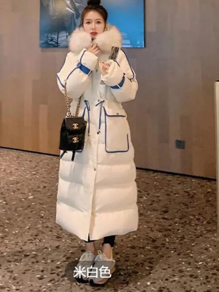 Cotton Padded Winter Fur Collar X-Long Parkas Jacket Women Fur Hooded Thick Warm Snow Jacket Coat Fashion Oversized Outerwear