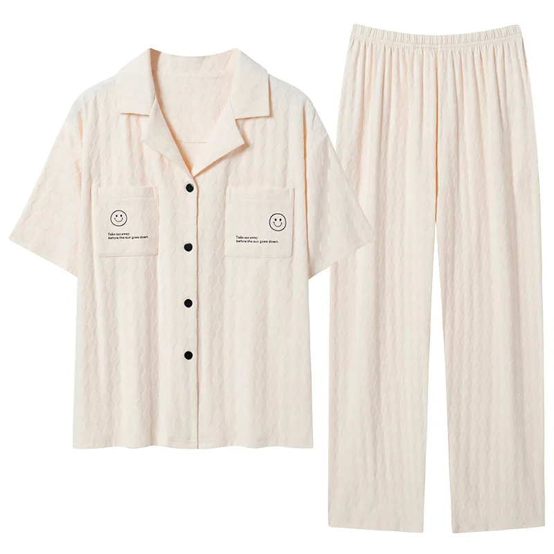 Summer Pure Cotton Pajamas for Women's Short-sleeved Trousers Cardigan with Turn-over Collar This Home Service Casual Nightwear