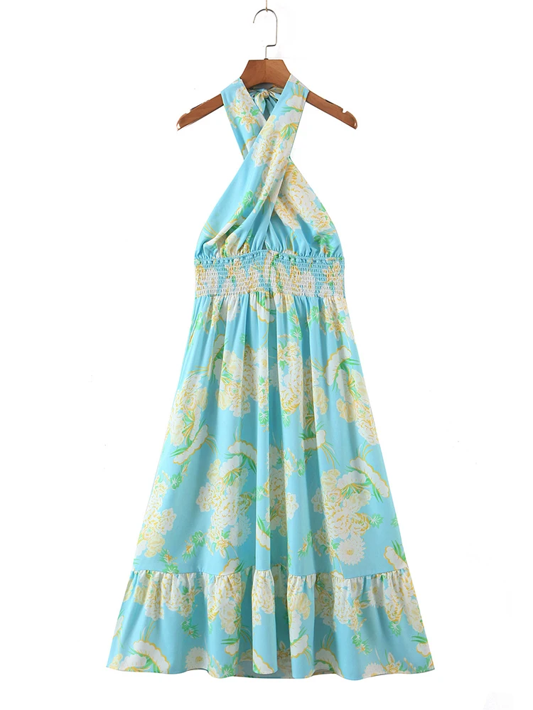 

Women Cross Halter Strappy Dress Summer Backless Ealstic Slim A-line Floral Print Midi Dresses 2022