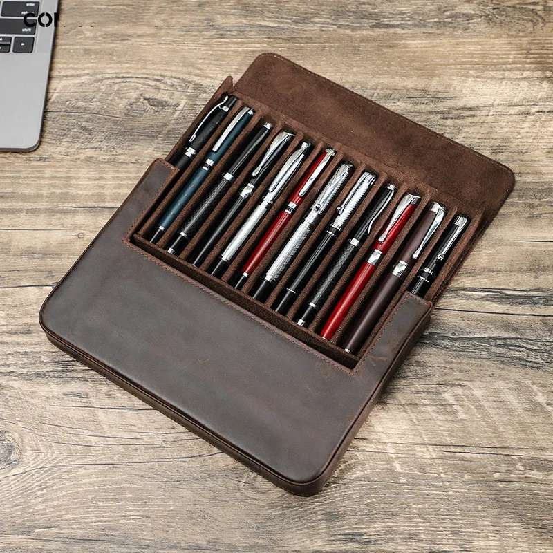 Retro Crazy Horse Cow Leather Leather Pencil Bag 12 Pieces Handmade Magnetic Student Pen Storage Box for Travel