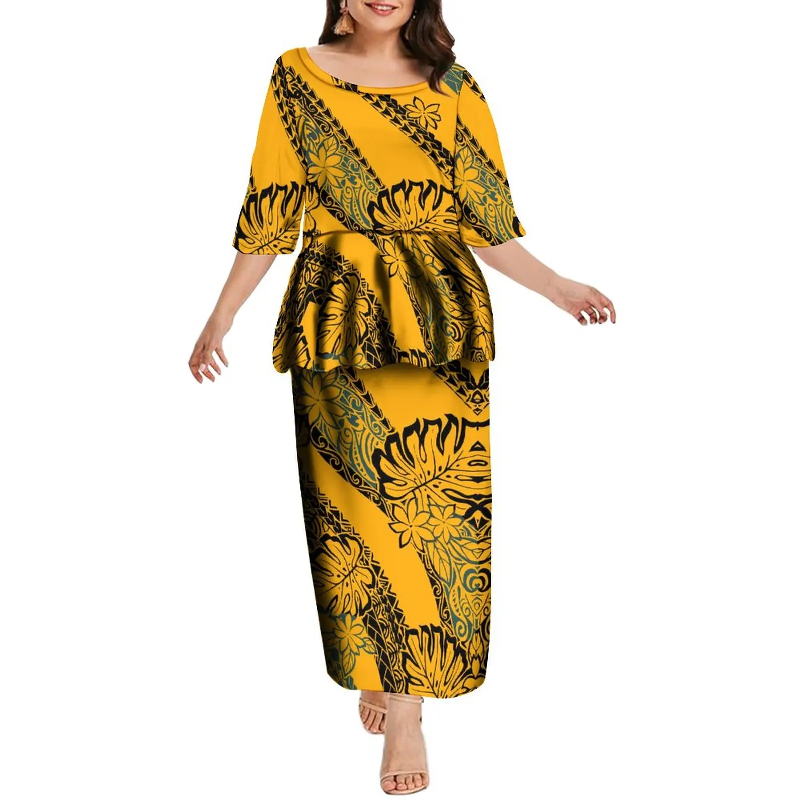 Женское платье с рукавом до локтя длинное в полинезийском этническом стиле