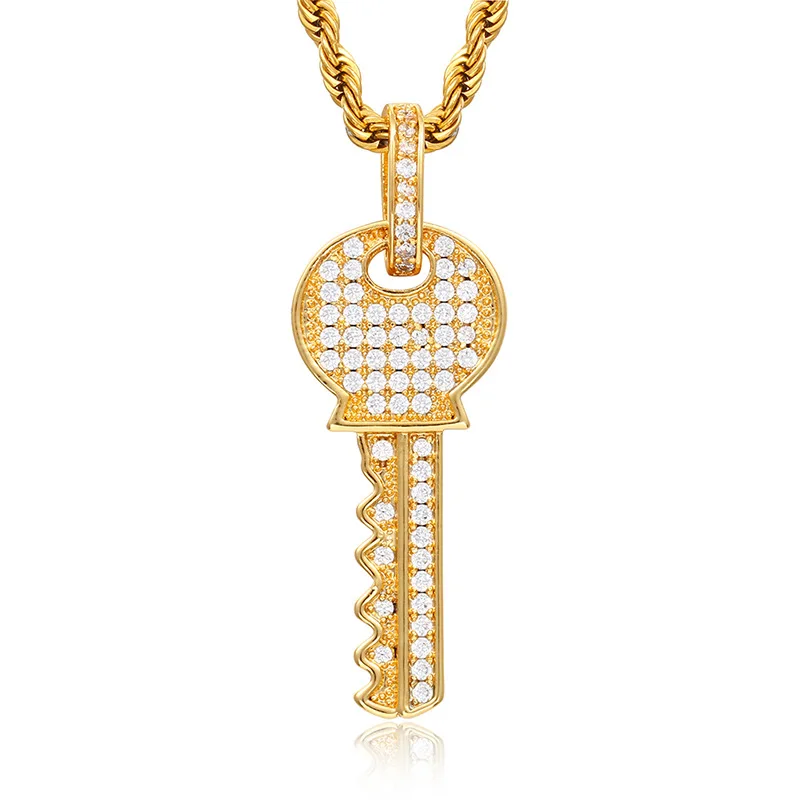 

New Solid Copper Micro-inlaid AAA Zircon Personality Key Pendant Male Hip Hop Rap Accessories