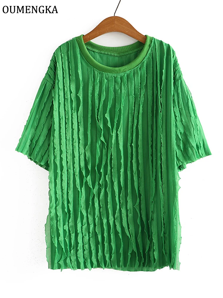 

Летняя женская Кружевная футболка с оборками в стиле Харадзюку, футболки с коротким рукавом и круглым вырезом, Корейская Повседневная футб...