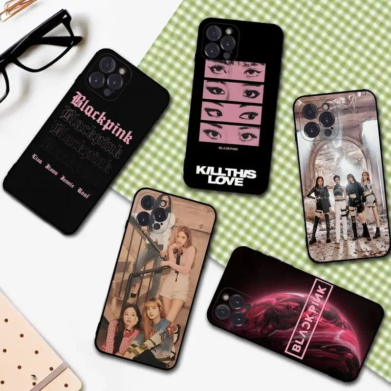 

B-BLACK-pink kpop Phone Case For iPhone 14 13 12 Mini 11 Pro XS Max X XR SE 6 7 8 Plus Soft Silicone Cover