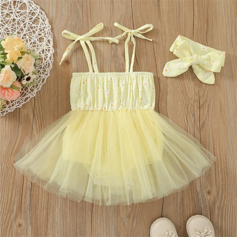 

0-24 Months Baby Girl Dress, Sleeveless Square Neck Floral Print Loose Casual Party Fall Princess Mesh Midi + Headband