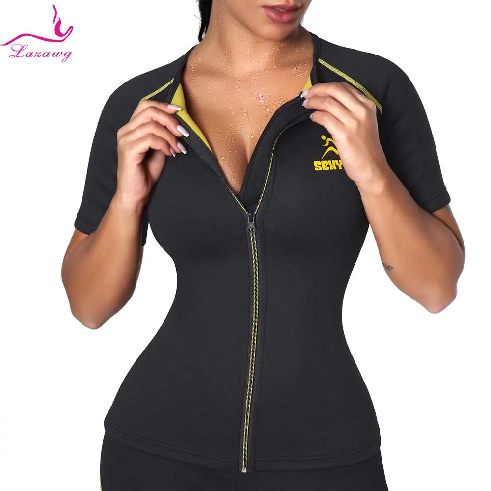 

LAZAWG Sauna Top for Women Weight Loss Slimming Shirt Neoprene Short Sleeve Waist Trainer Zipper Ladies Body Shaper Workout Gym