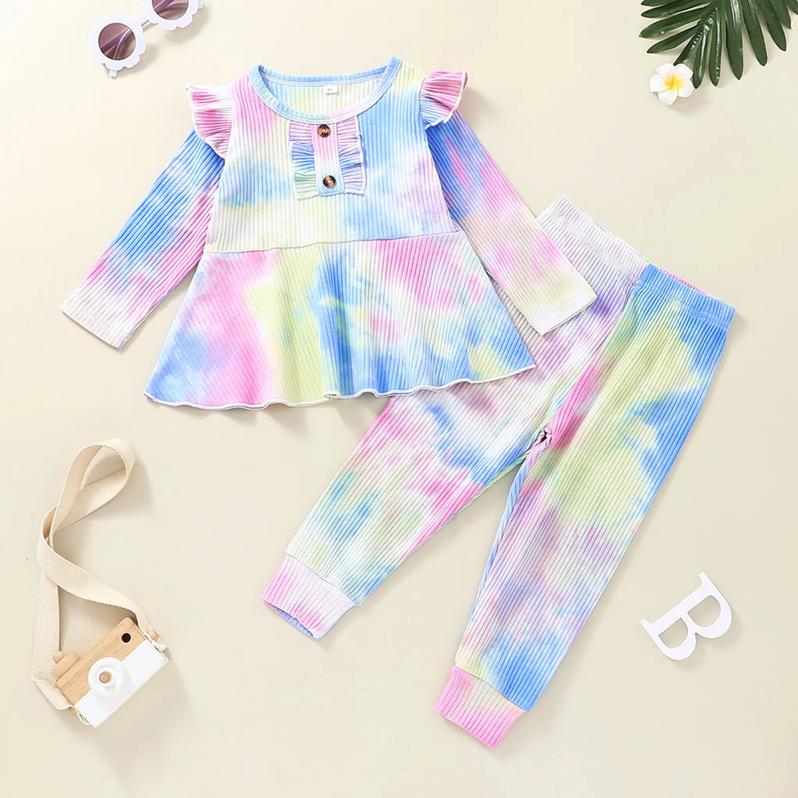 

1-5 Years Toddler Girls Winter Clothing Sets Ruffled Sleeve Tie-Dye Ribbed Loose Pullover +Pants Kids Outfits Fall Girl Clothes