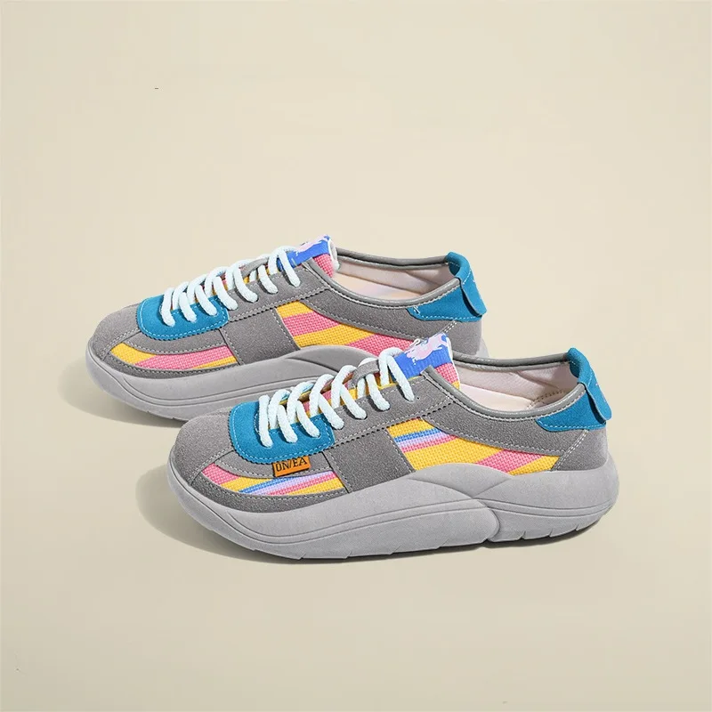 Pink Luxury Shoes for Women 2023 Spring New Thick-Soled Color-Block Casual Sports Shoes Lace-up Free Shipping