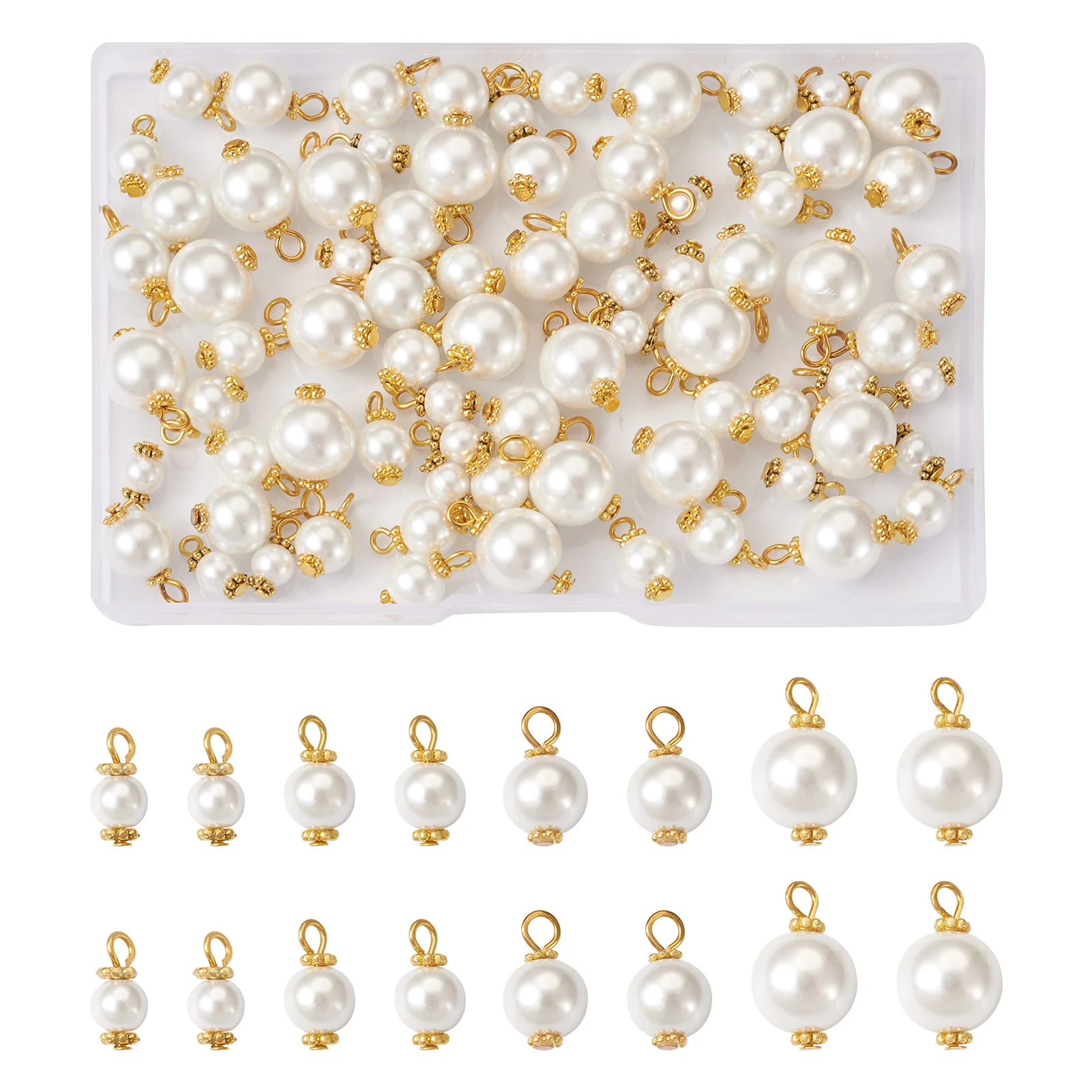 

80Pcs Eco-Friendly Dyed Glass Pearl Pendant Metal Daisy Spacer Beads Flat Head Pins Round Charms DIY Summer Jewelry Decor Making