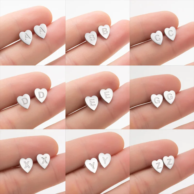 

Stainless Steel 26 A-Z Initial Letter Heart Stud Earrings Small Tiny Alphabet Name Earring Piercing Jewelry DIY Pendientes Gifts